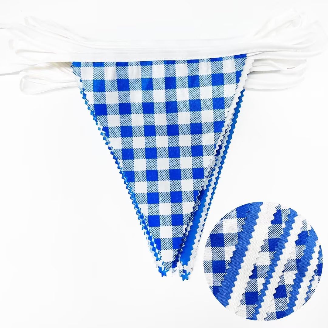 32Ft Deep Blue Party Decorations Blue Buffalo Plaid Checkered White Triangle Flag Gingham Pennant