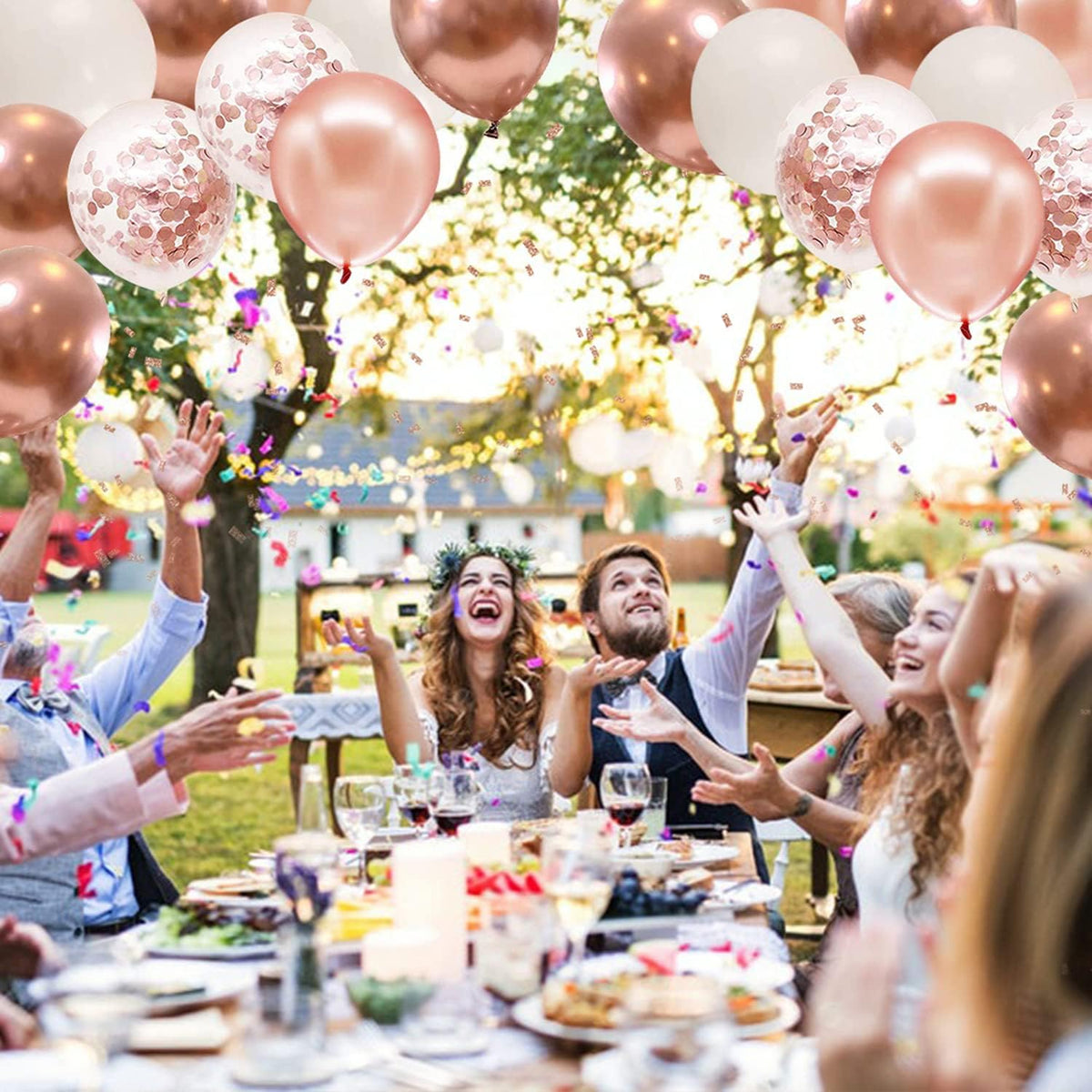 Rose Gold Confetti Balloons, 50pcs 12 Inch Metallic Confetti White and Rose Gold Latex Balloons
