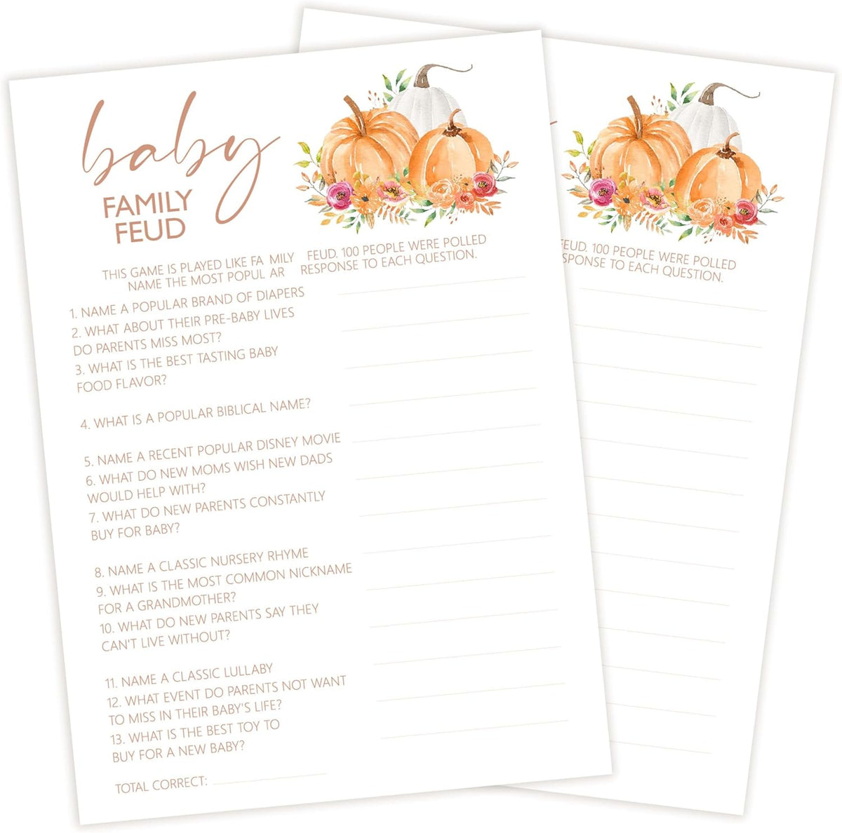 Baby Shower Games, Thanksgiving Baby Family Feud Game Cards + 1 Answer Card, 25 Sets Baby Gender