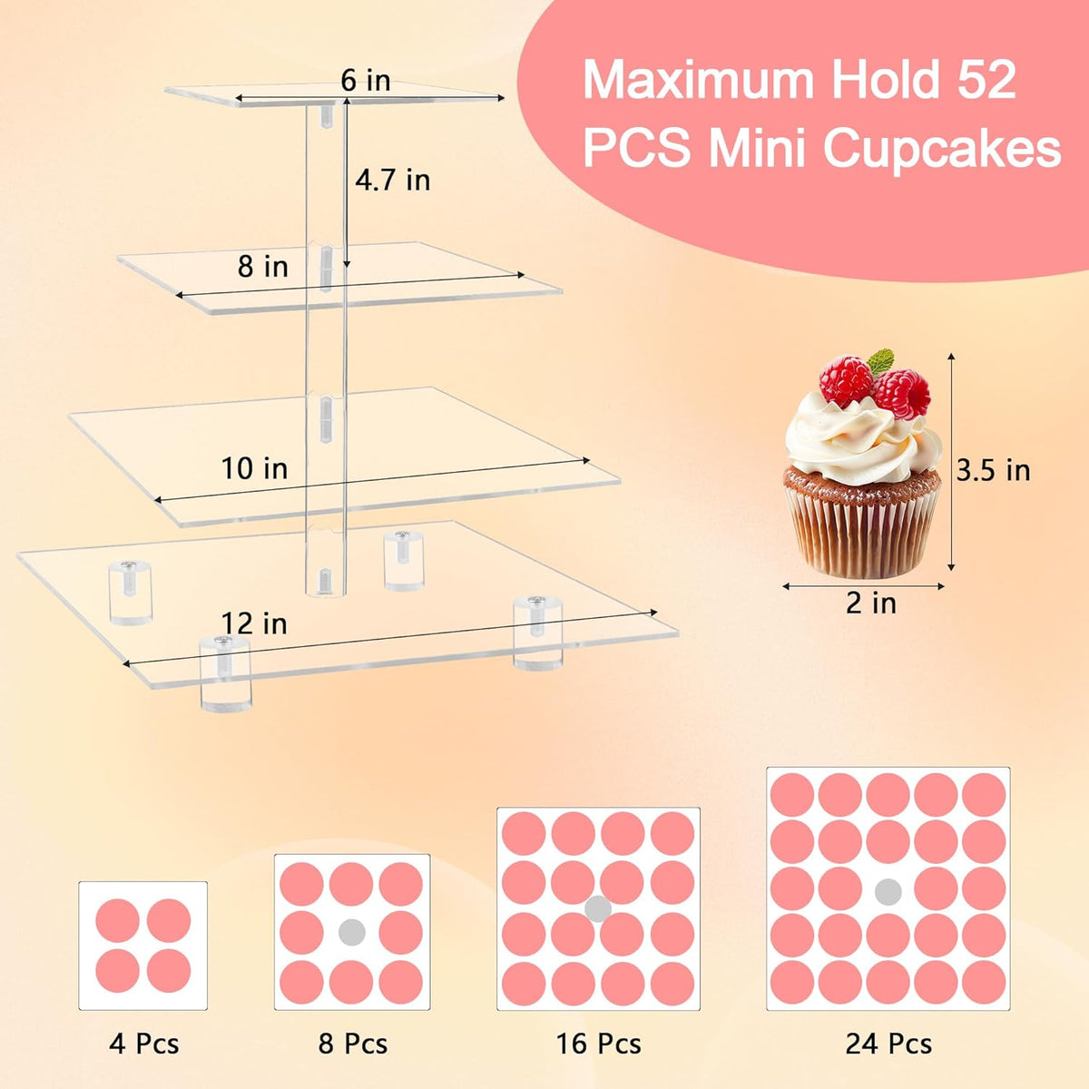 YestBuy 4 Tier Acrylic Cupcake Stand with Base, Premium Cupcake Holder, Acrylic Cupcake Tower