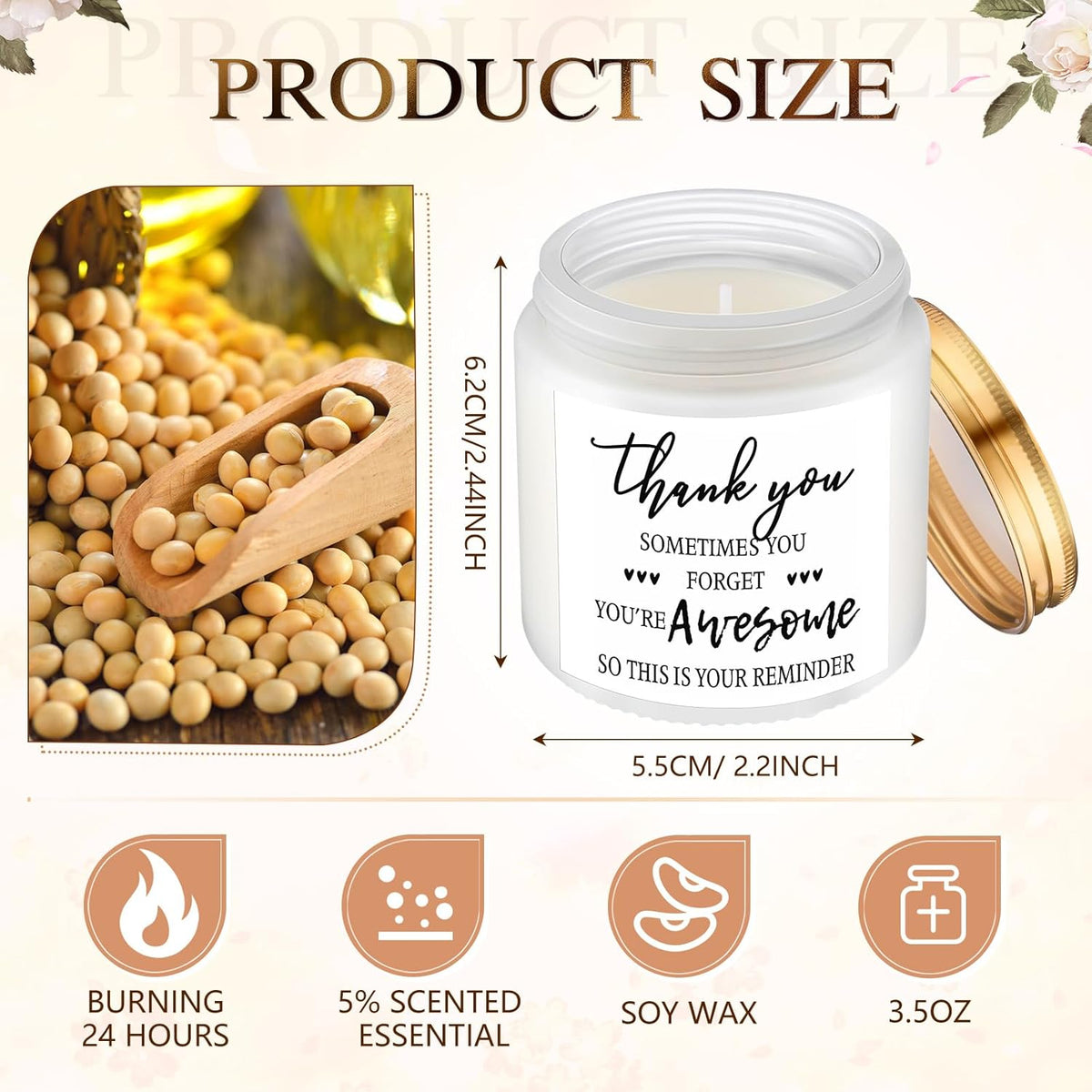 MTLEE 20 Pcs Thank You Gifts Candles 3.5 oz Employee Appreciation Inspirational Scented Soy Wax
