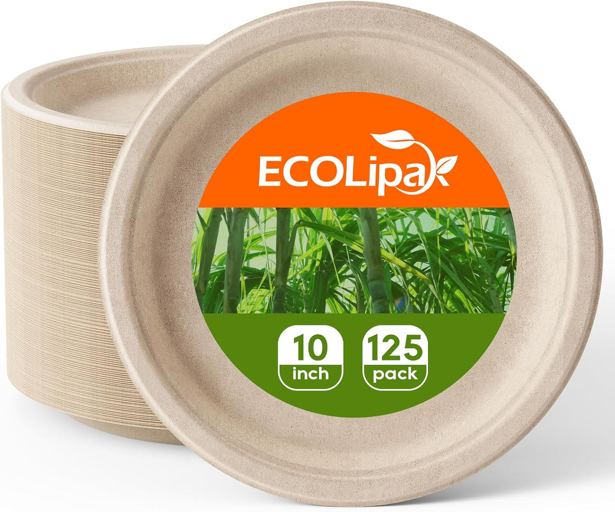 ECOLipak 100% Compostable 10 Inch Paper Plates, 125 Pack Heavy Duty Disposable Biodegradable