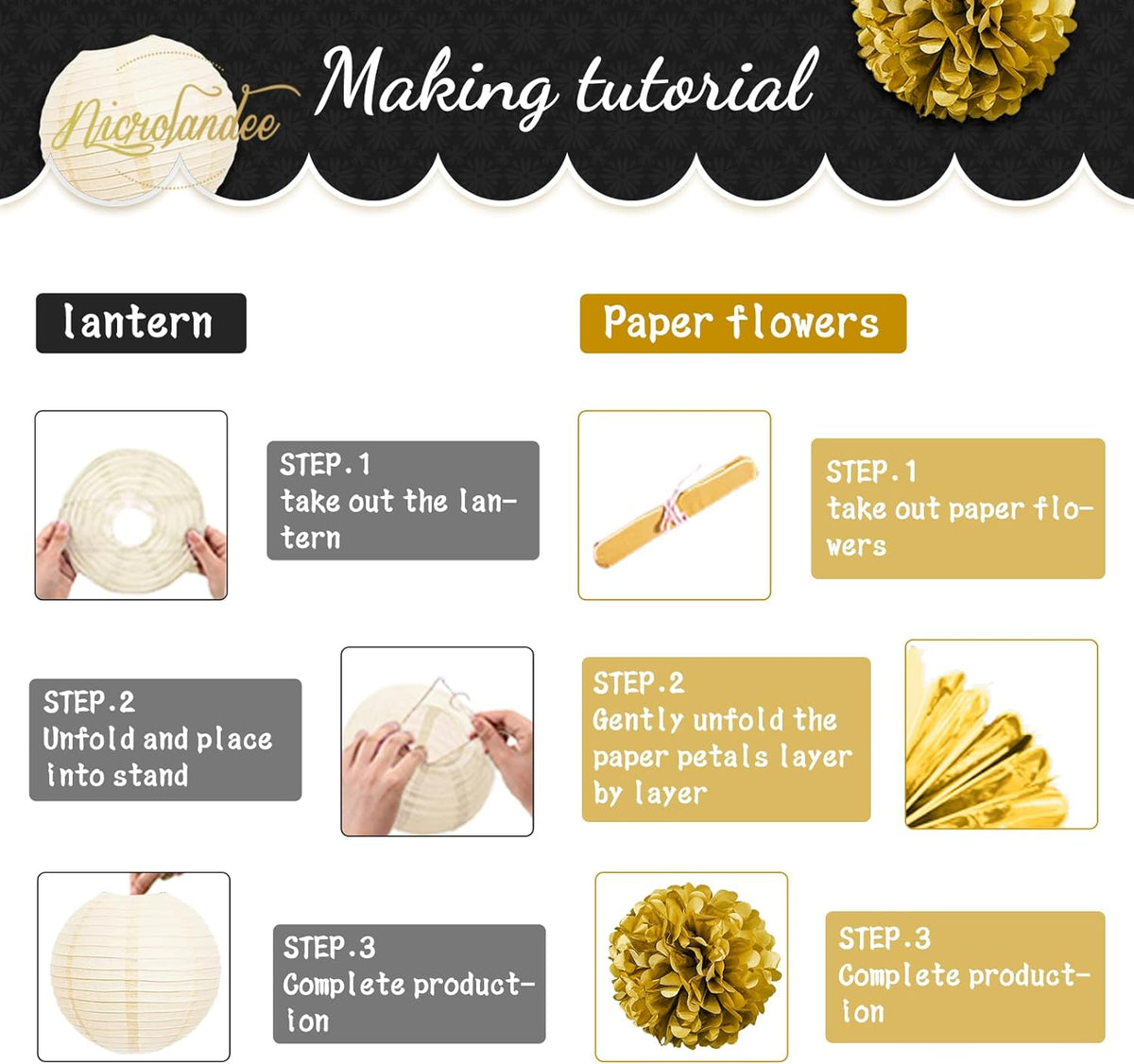 NICROLANDEE Black Gold Party Decorations,12PCS Paper Lantern Tissue Pom Poms Black and Gold Hanging