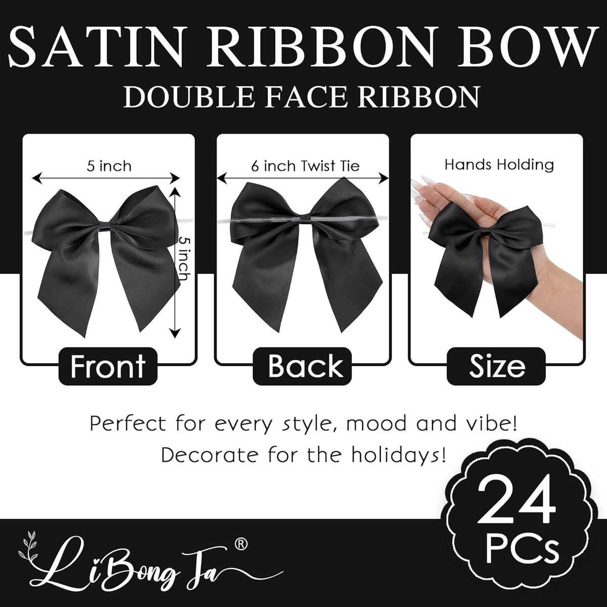 5'' Black Bow Party Decorations Satin Bows, Twist Tie Bows for Treat Bags, Cake Pops, Pre-Tied Bow