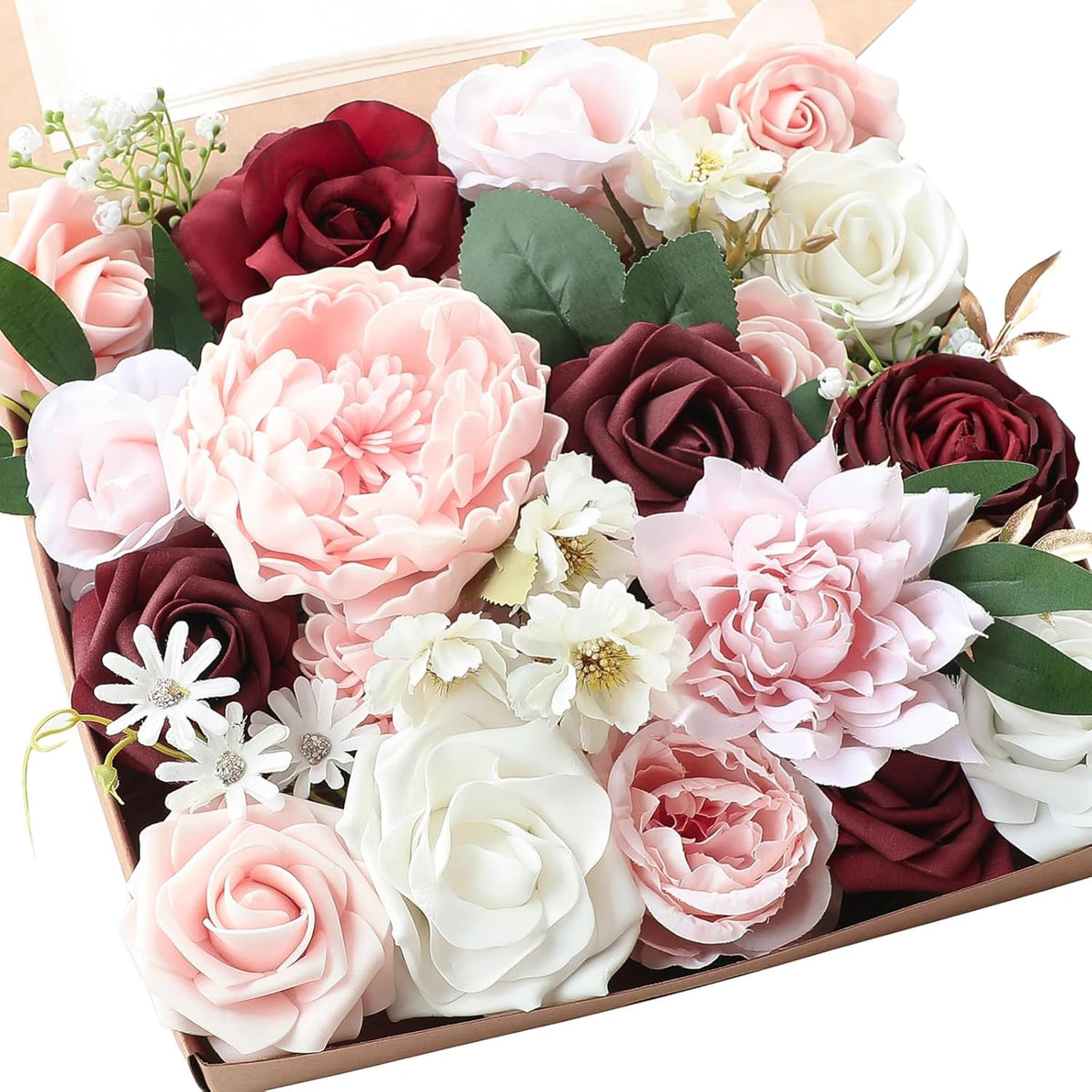 Floroom Blush Burgundy Artificial Flowers Dark Red Fake Roses Peonies Dahlia and Greenery Combo Box
