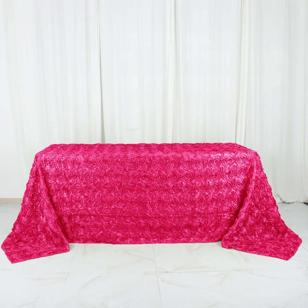 Efavormart 90"x132" Wholesale Rectangle Table Cover Fushia Grandiose Rosette 3D Satin Tablecloth