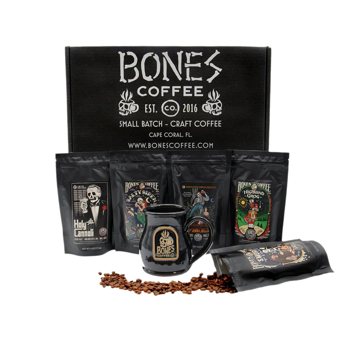 Bones Coffee Company Favorite Flavors Sample Pack Box Set with Specialty Coffee Mug, 5 Assorted