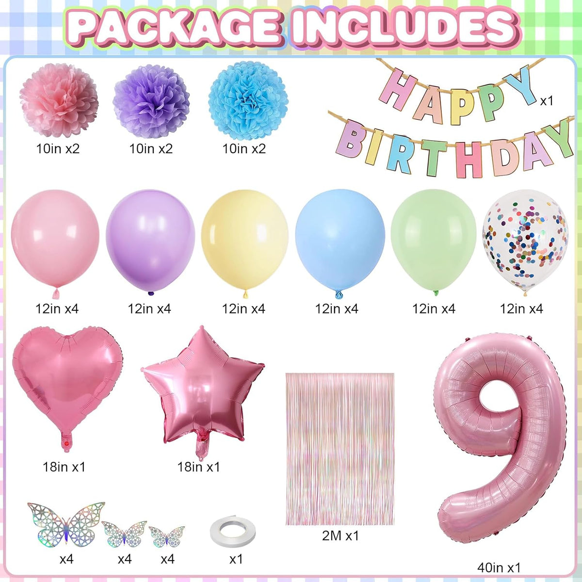 Pastel 9th Birthday Party Decorations for Girls Number 9 Balloon Happy Birthday Banner Butterfly