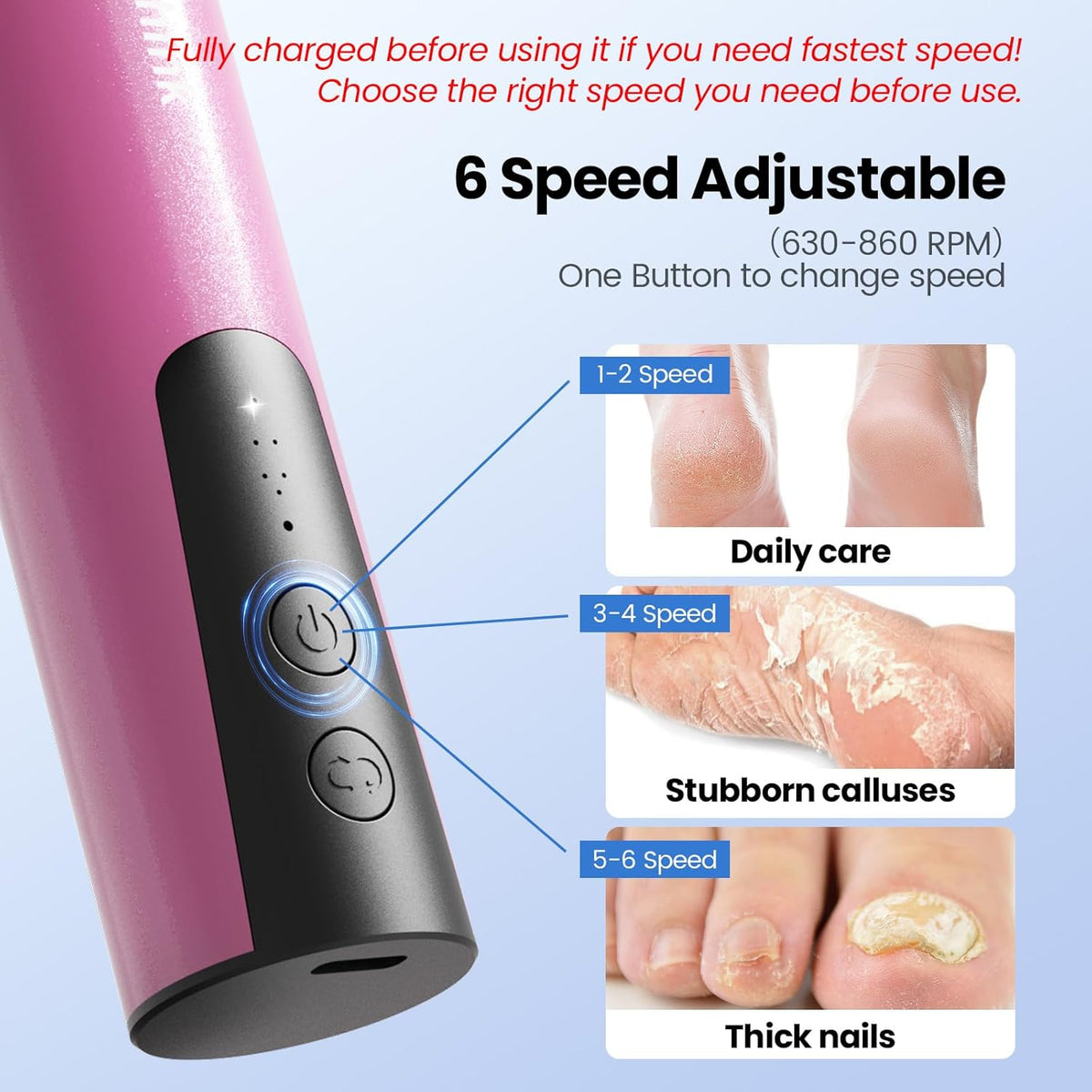 Electric Foot Callus Remover, 2 in 1 | 6 Speed Adjustable Foot File Nail Grinder with Sandpaper