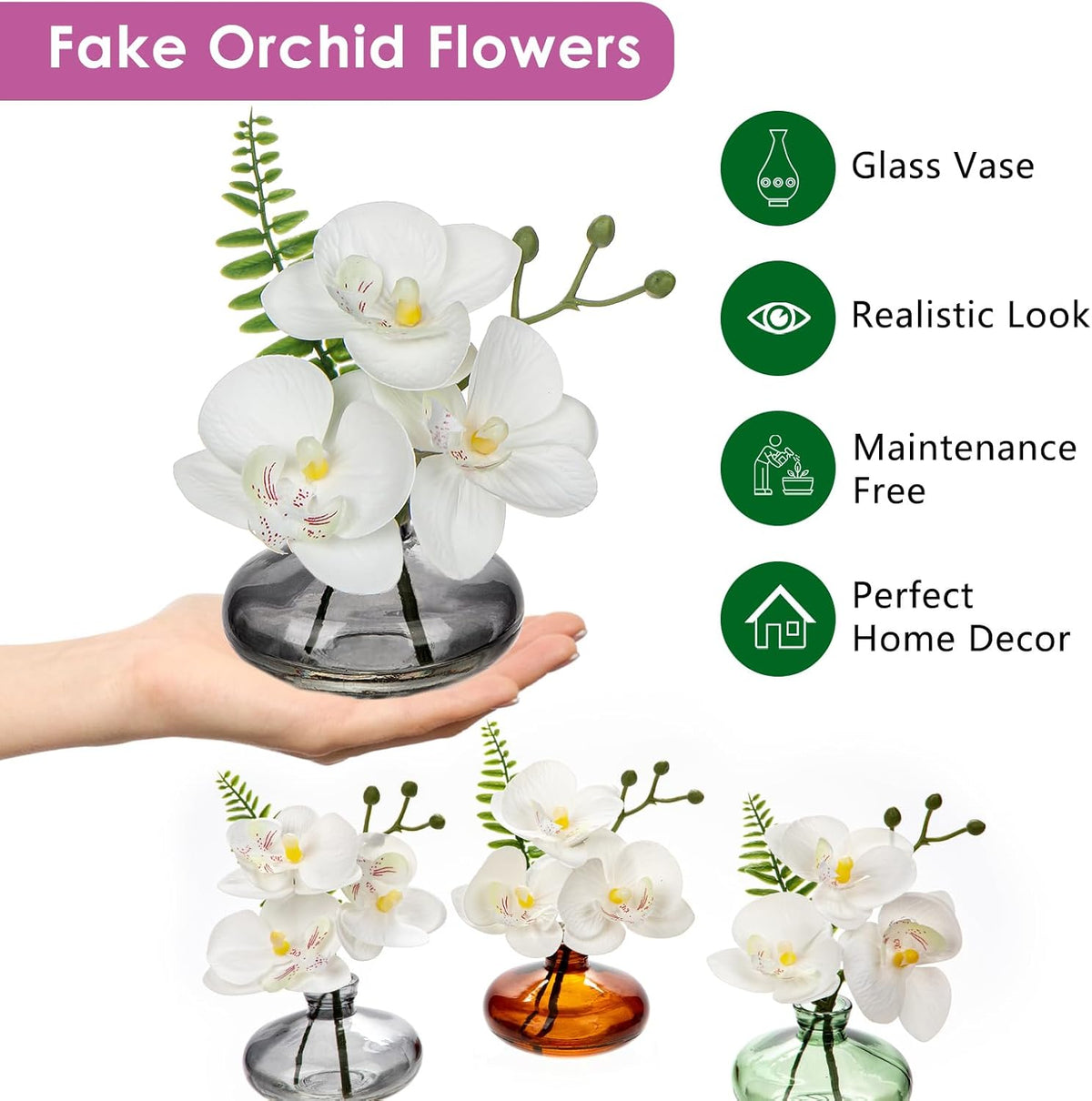White Orchids Artificial Flowers Faux Orchids Arrangement in Black Glass Vases Set of 3 Real Touch