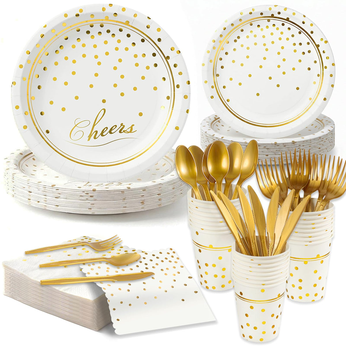 168Pcs White and Gold Paper Plates and Napkins Party Supplies for 24 Guest