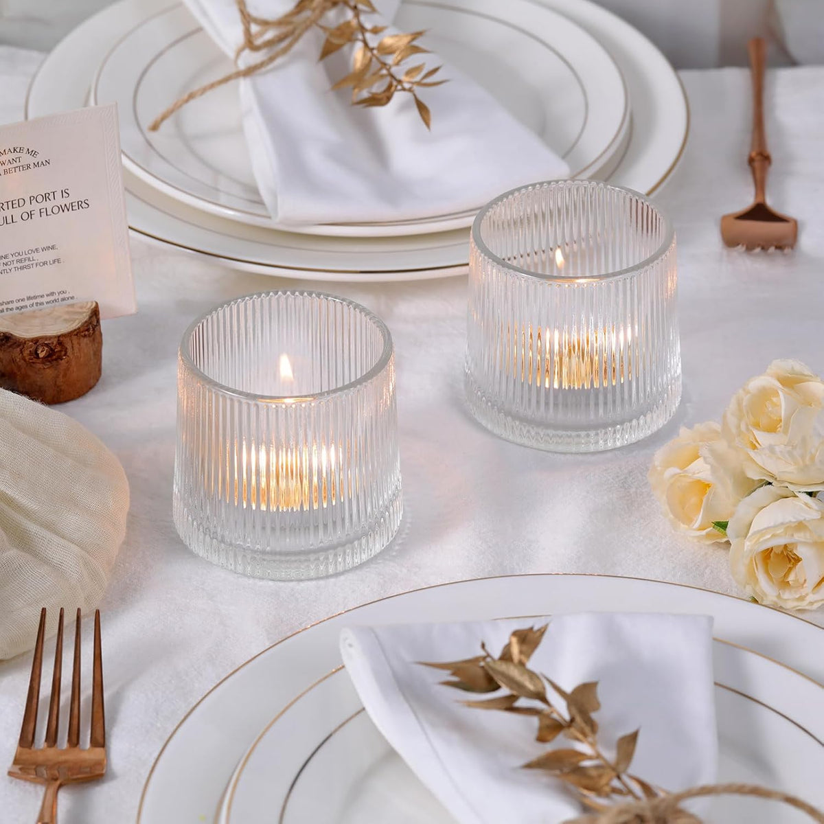 DARJEN Clear Ribbed Tealight Votive Candle Holders Set of 10- Tea Light Candle Holder Glass for