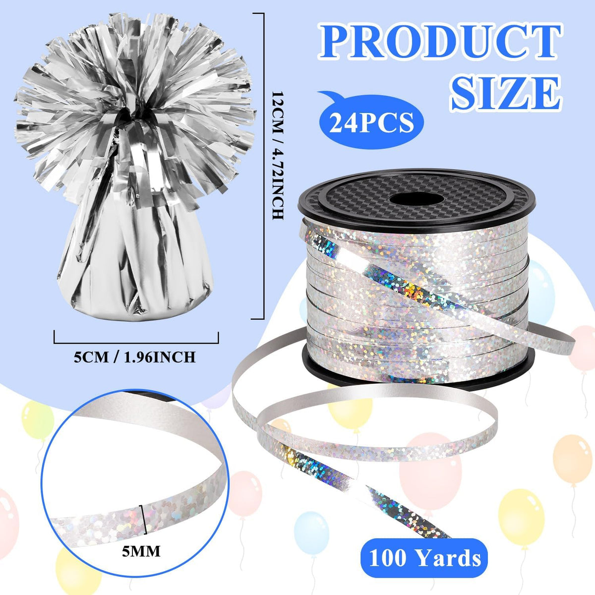 24 PCS Balloon Weights Metallic Anchor, Balloon Holder Heavy Weights with and 1 Roll Iridescent