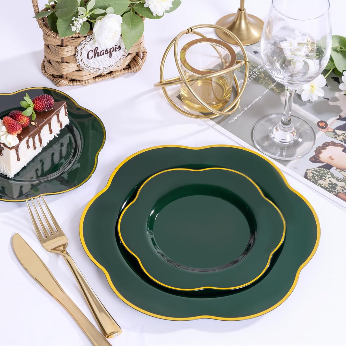Liacere 50PCS Green Plastic Plates - Heavy Duty Disposable Plate-Green and Gold Include 25PCS