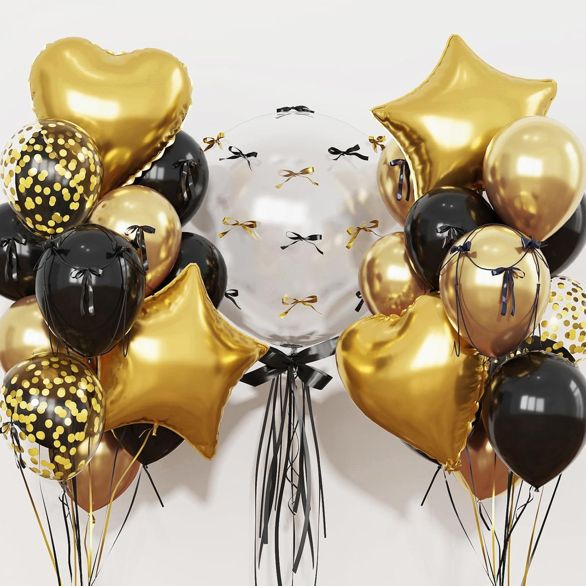 Black and Gold Balloons Heart Star Shape Foil Balloons for Birthday Party, Metallic Gold and Black