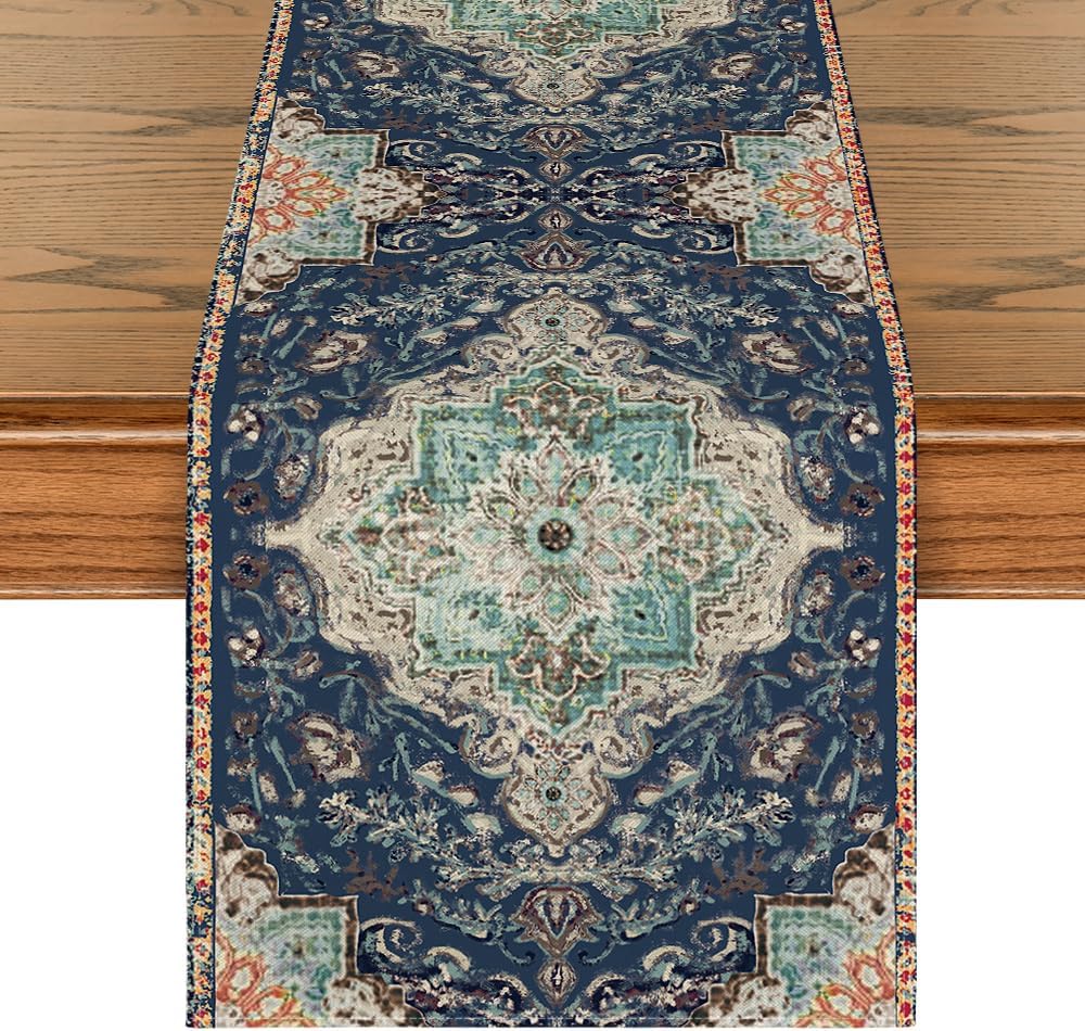 Artoid Mode Boho Bohemia Style Blue Table Runner, Country Rustic Farmhouse Magical Winter Kitchen