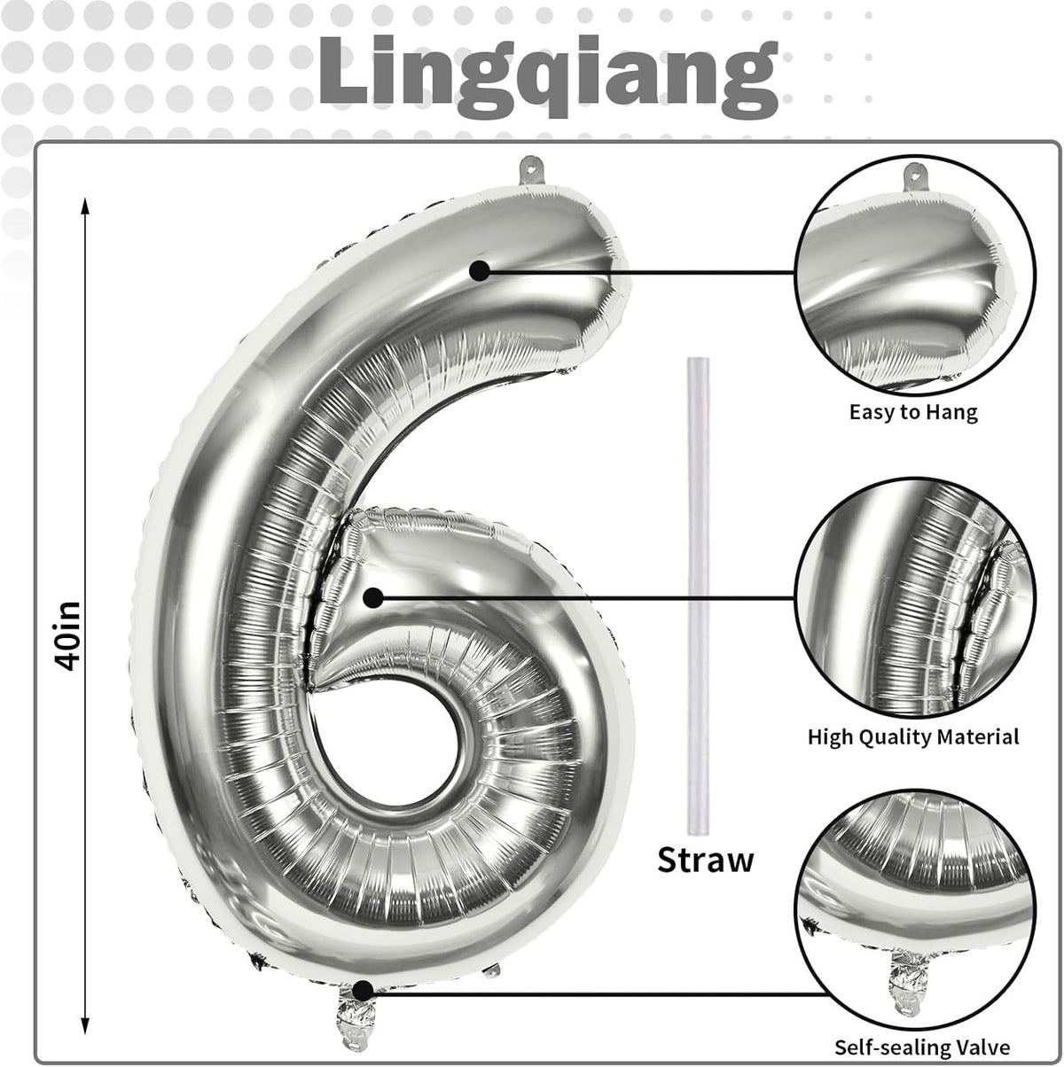 40" Silver Number 6 Balloon for Girls Boys, Large Self Inflating Helium Foil Number Balloons Set
