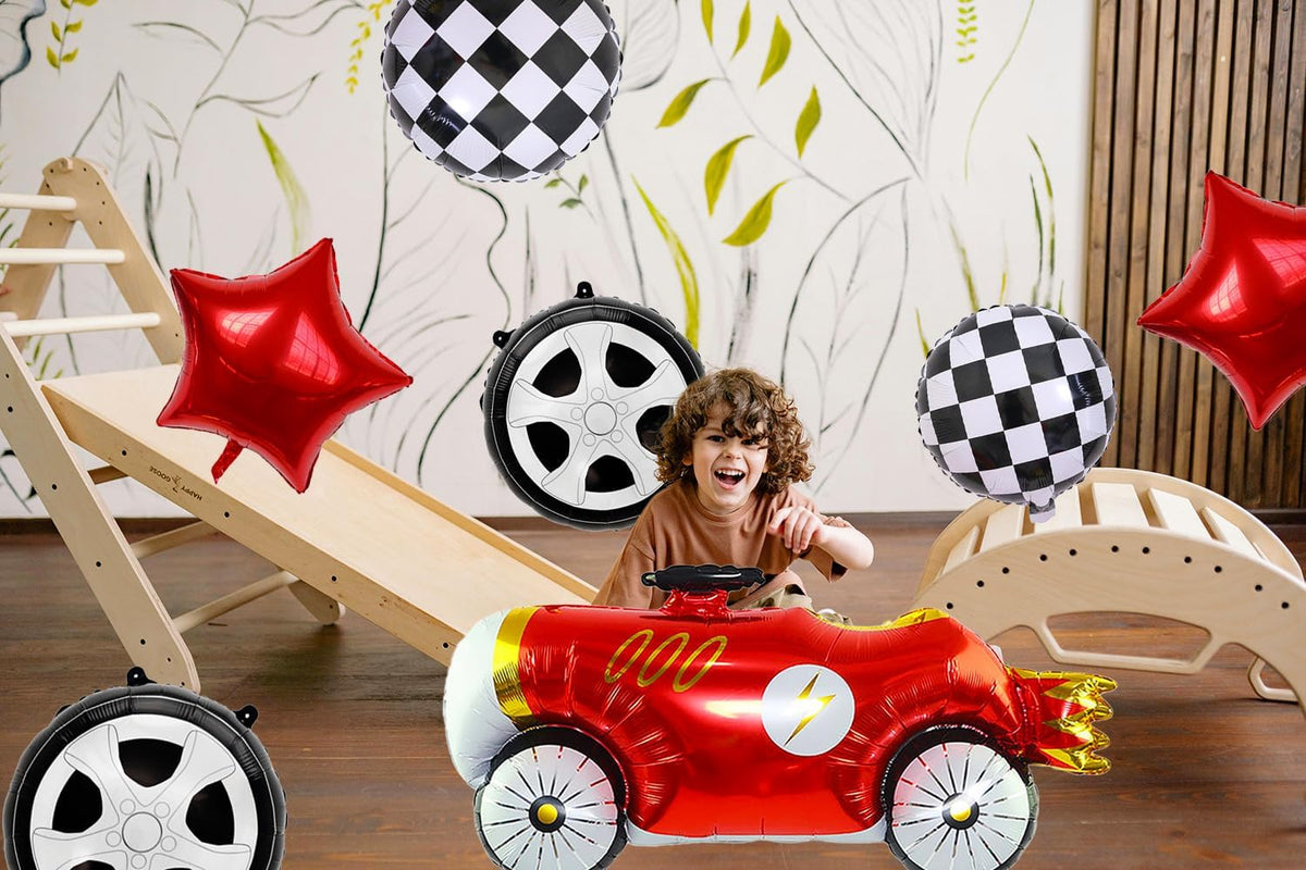 7 Pcs Vintage Race Car Balloon Set,Black and White Checkered Car Wheel Red Star Foil Helium