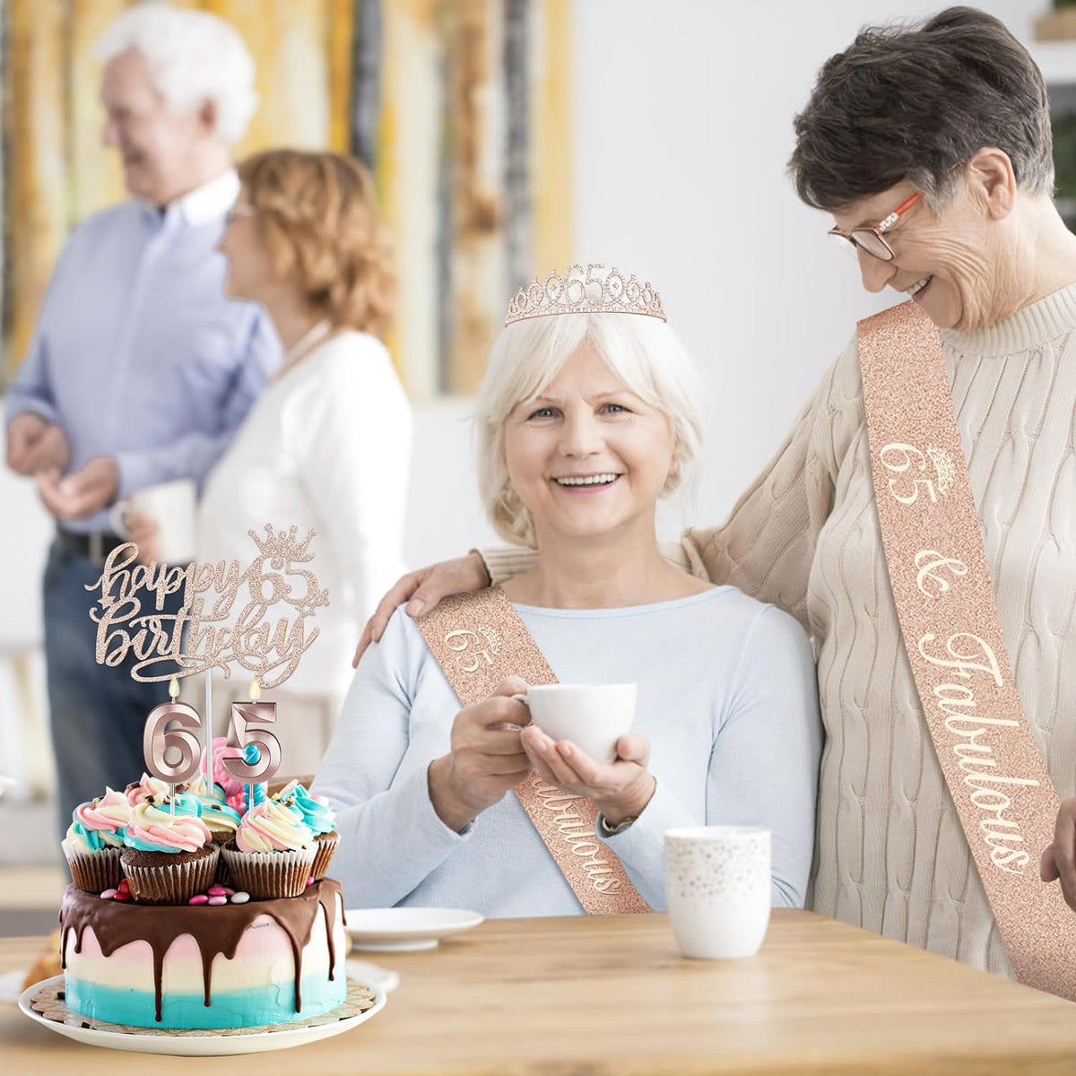 65th Birthday Decorations for Women, Including Sash, Crown/Tiara, Candles, Cake Topper, 65th
