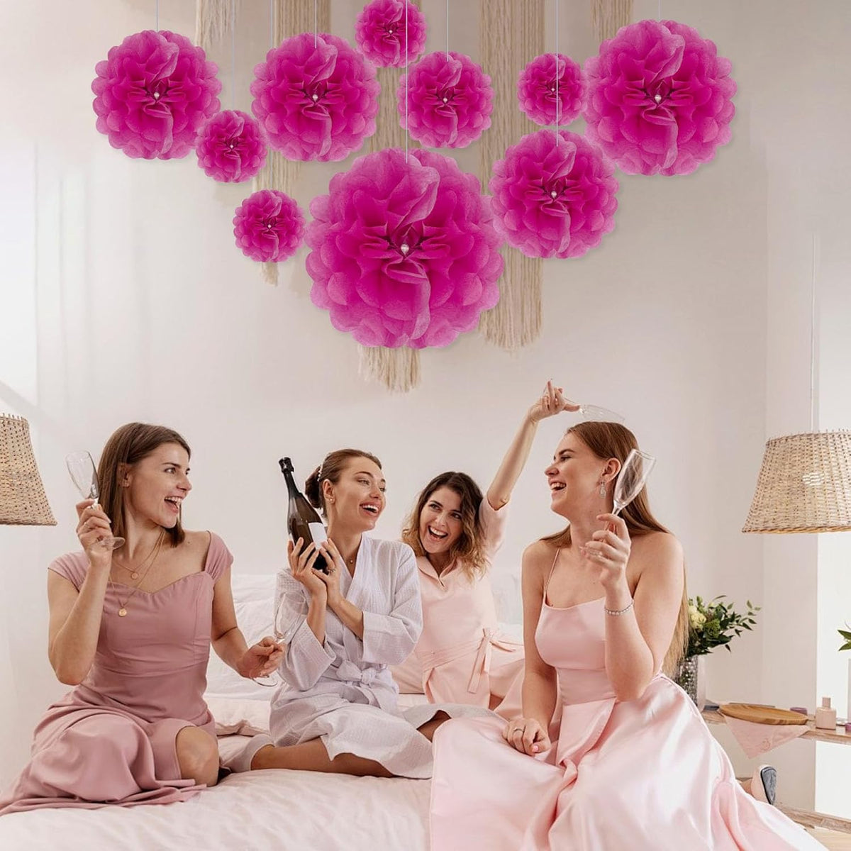 Tissue Paper Pom Poms, Fuchsia Tissue Paper Flowers, Hanging Flower Balls for Weddings Fiesta