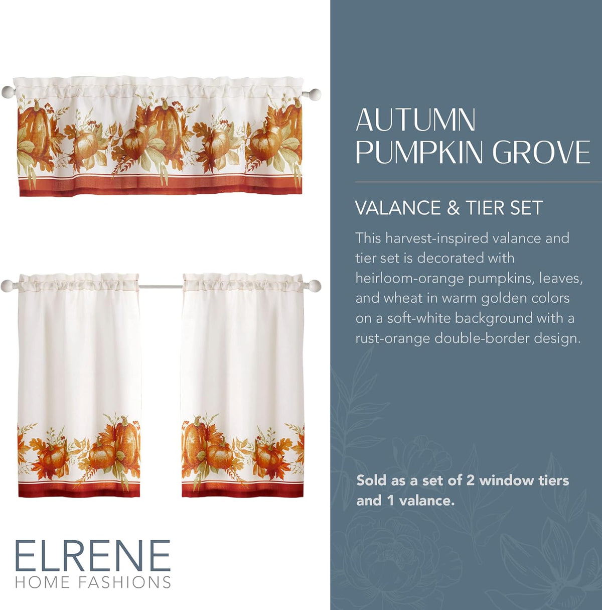Elrene Home Fashions Autumn Pumpkin Grove Window Tier Set and Kitchen/Café Valance, 60"x36" (Set of