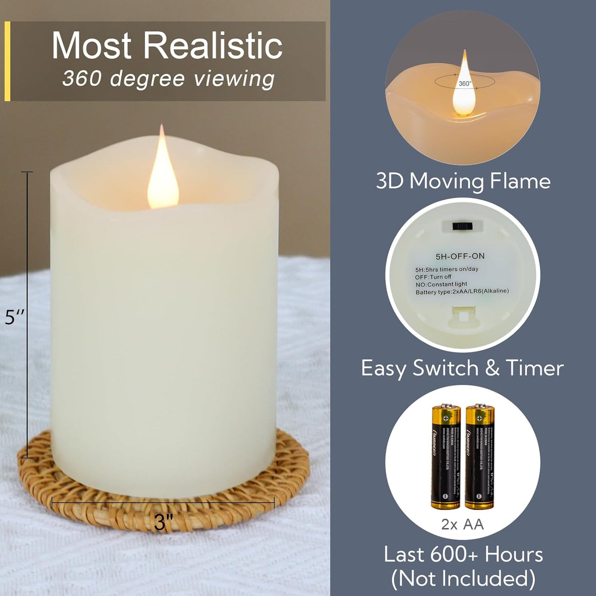 Flameless Candles Battery Operated with Remote Timer, 3D Moving Flame Flickering, Last 600+ Hours