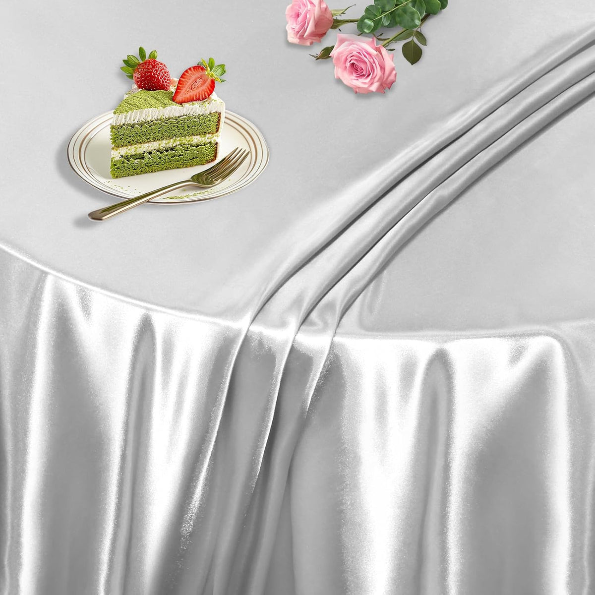 KKJIAF 1 Pack Round Table Cloths 90 Inch, Silver Overlay Round Satin Table Cover, Silky Satin