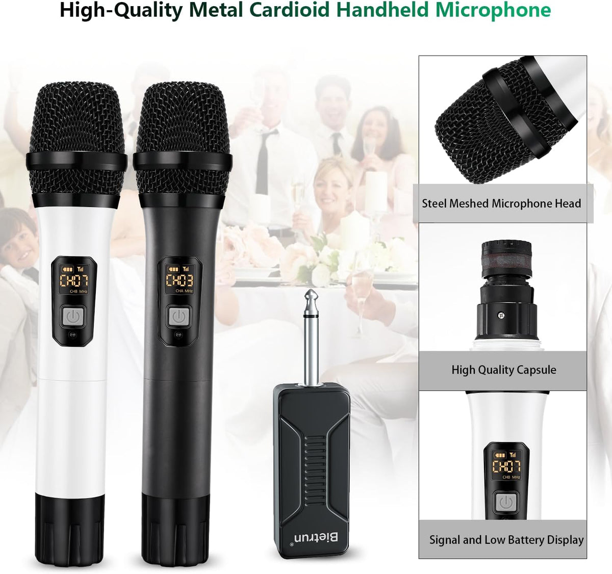 Wireless Microphone, Bietrun UHF Metal Dual Handheld Cordless Dynamic Mic System with Rechargeable