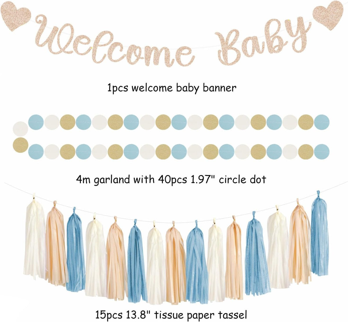 Light-Dusty Blue Beige-Champagne Baby-Shower Party-Decorations - 31pcs Welcome Home Banner Sign,Boy