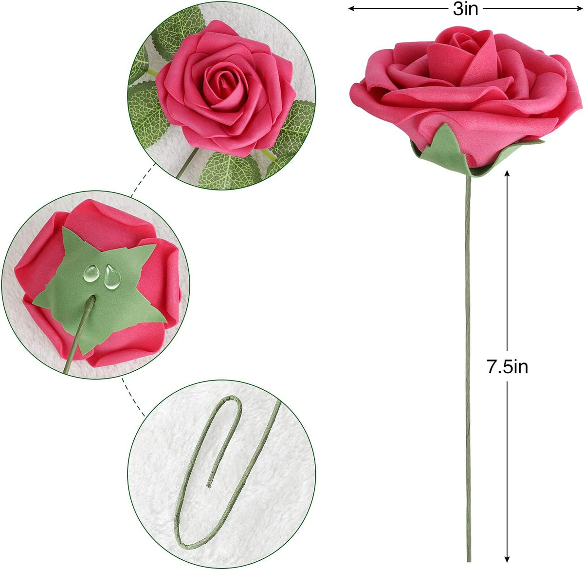 AmyHomie Artificial Flower Seriesa Red Rose 25pcs Real Looking Fake Roses w/Stem for DIY Wedding
