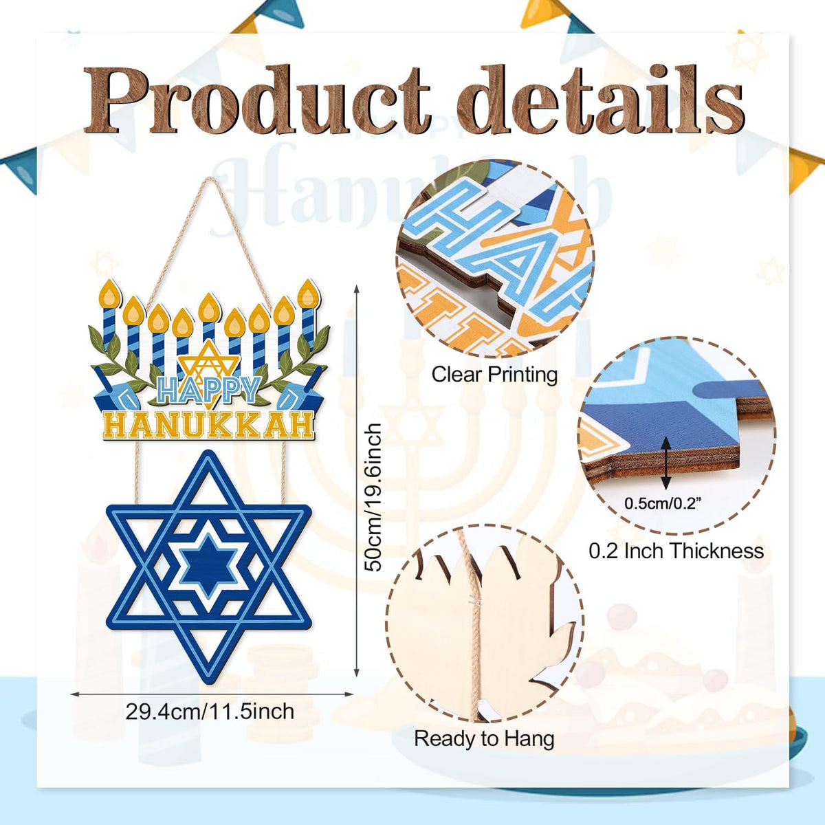 CHDITB Happy Hanukkah Shalom Front Door Sign(12"x20"), Wooden Jewish Festival of Light Blue Menorah