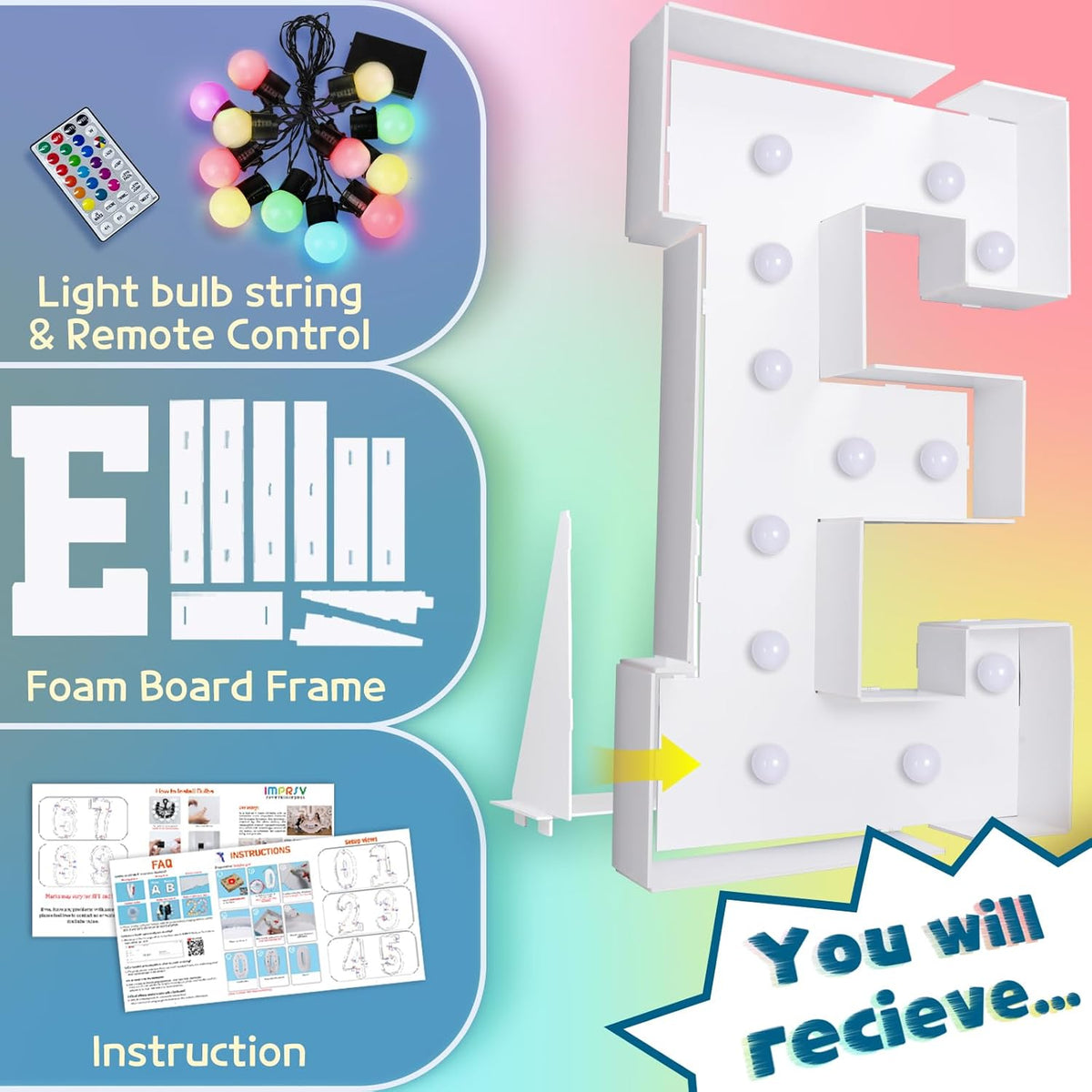 imprsv 4FT Colorful Marquee Light Up Letters E, 18 Colors Light Up Letters Alphabet Sign with