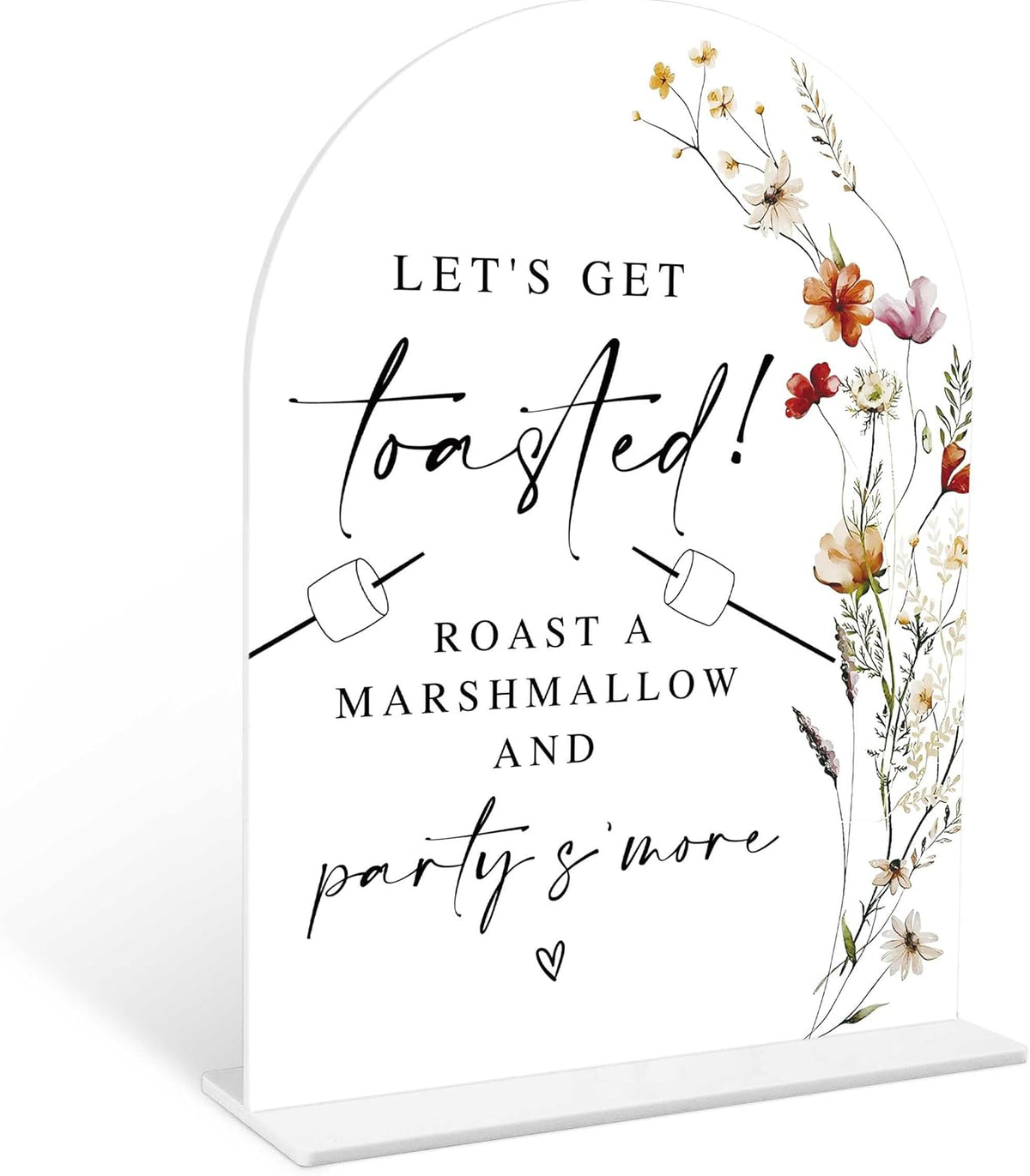 Boho Floral S'mores Bar Sign, 6 x 8 Inch White Arch Acrylic Wedding Sign with Holder, Wedding Sign