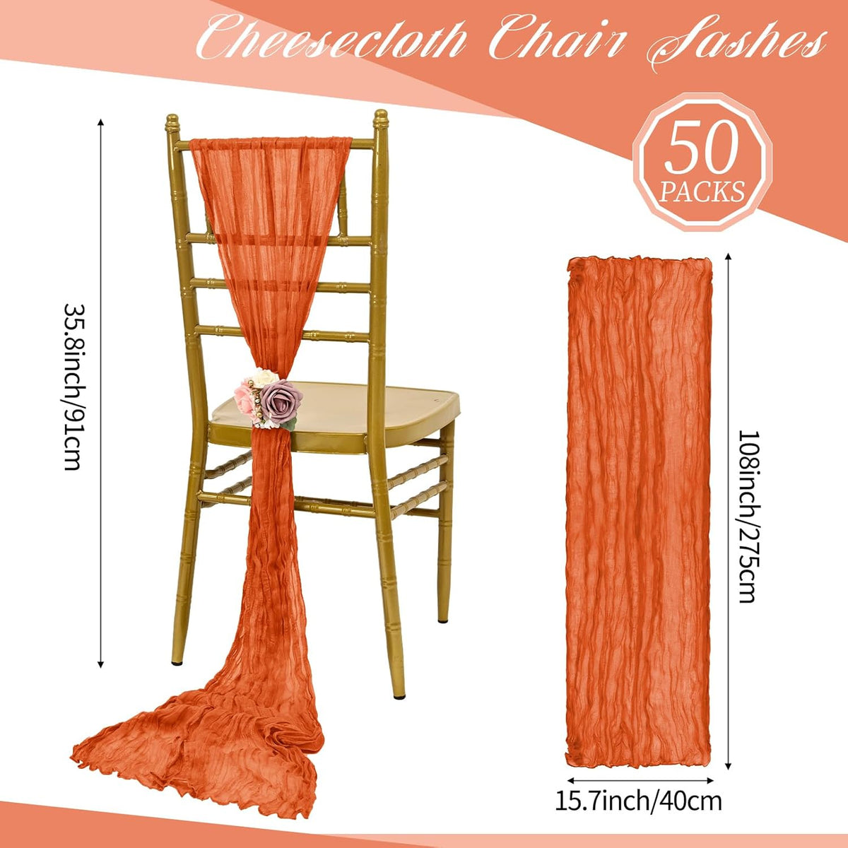 50 PCS Cheesecloth Chair Sashes, Bows Designed ChairSashes, 15.7x108 inch Chair Sashes for Aisle