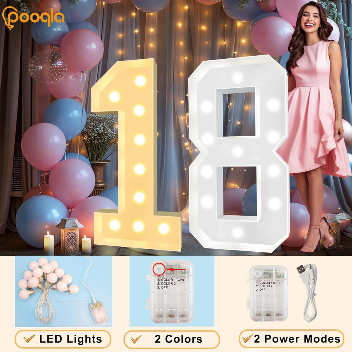 Pooqla 4 FT Light Up Marquee Numbers, Cool White and Warm White LED Large Lighted Marquee Numbers