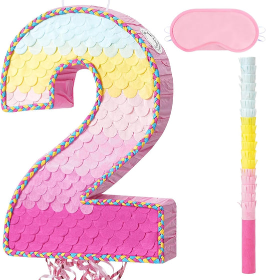 WERNNSAI Pink Sweet Two Pinata - Number 2 Pinata Happy Birthday Decoration Pink Rainbow Design