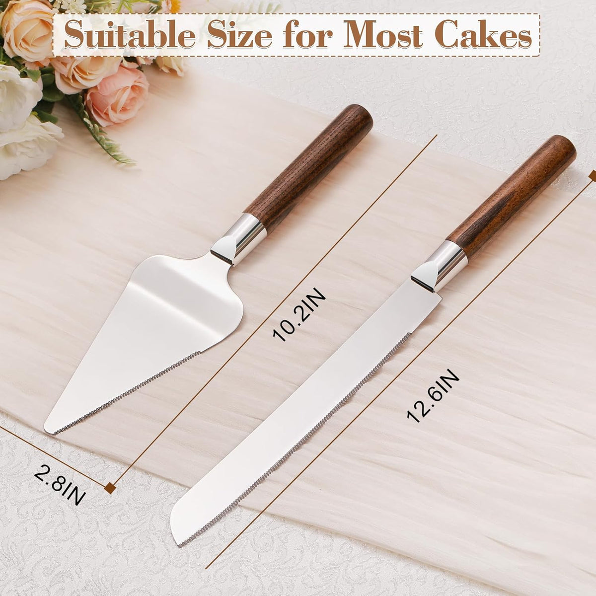 Cake Cutting Set for Wedding, Wood Cake Knife and Server Set, Vintage Pie Cake Cutter, Silver Pizza