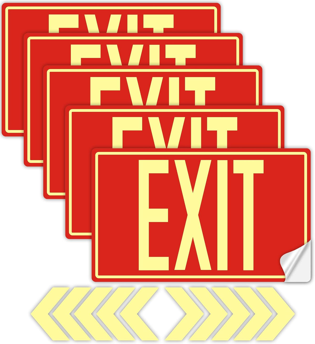 5Pack Photoluminescent Exit Sign, 12"x 7" Glow In The Dark Exit signs with Self-Adhesive Backing