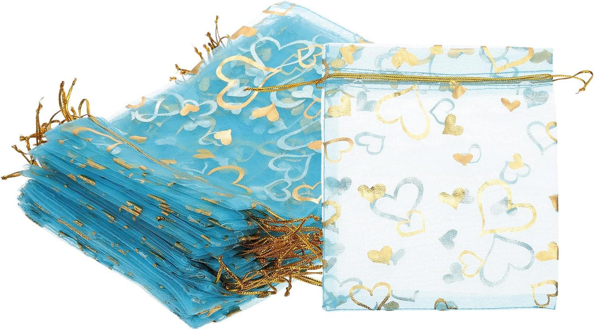 PATIKIL 100 Pcs 5x7 Inch Heart Printed Organza Bags, Lake Blue Sheer Heart Organza Bags with