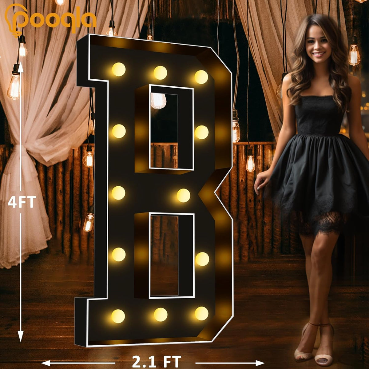 Pooqla 4 FT Marquee Light Up Letters, Black Giant LED Sign Marquee Letter Lights 4 Feet Tall, Big