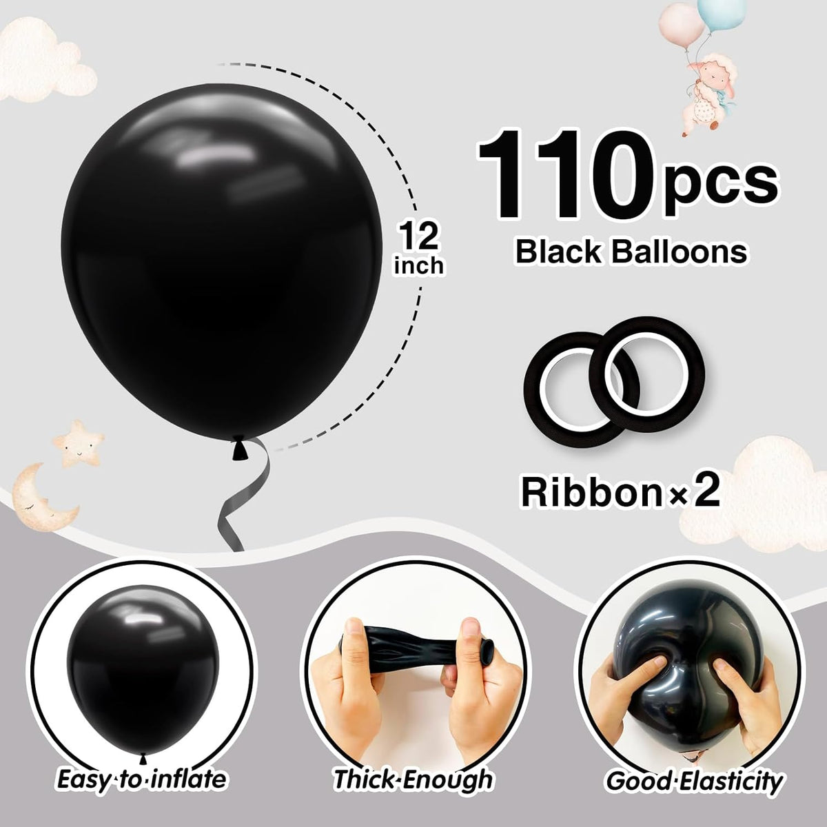 110pcs Black Balloons 12 Inch Black Balloon Arch Kit for Birthday Anniversary Graduation Baby