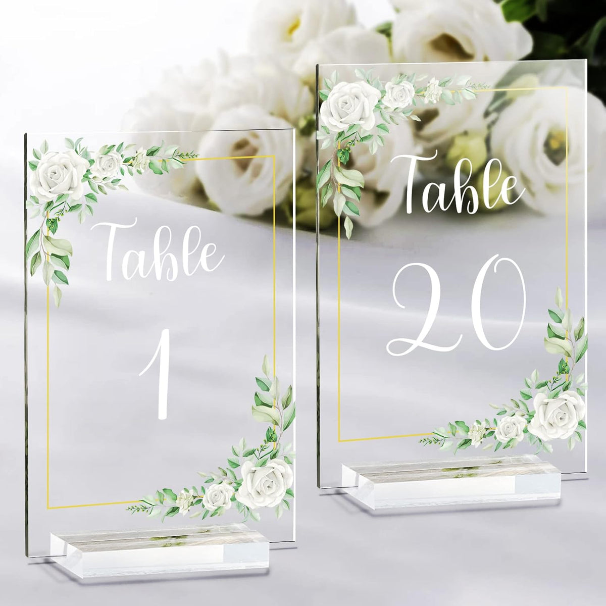 OurWarm White Rose Acrylic Wedding Table Numbers 1-20, 4x6 Inch Printed Calligraphy Table Number