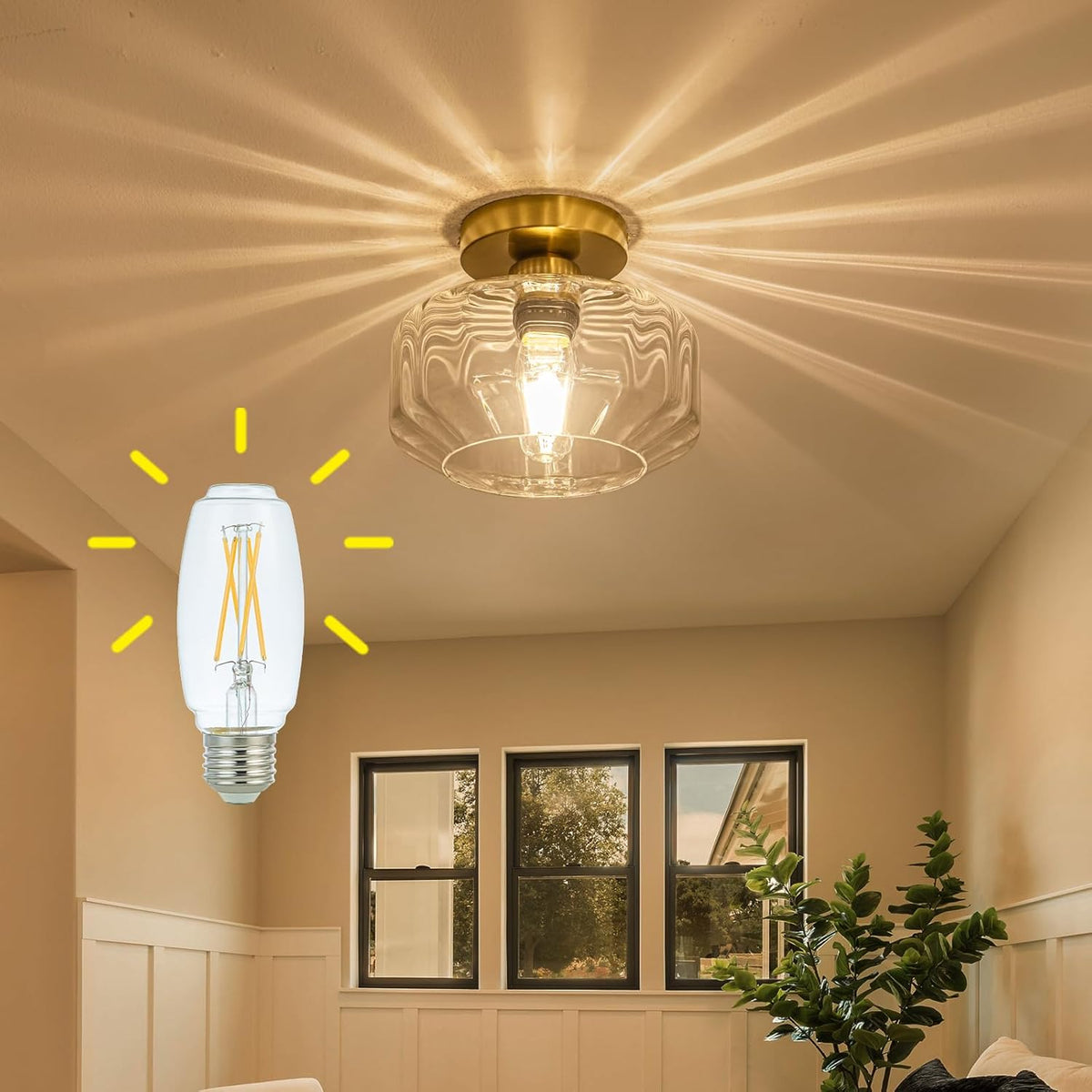 Gold Flush Mount Ceiling Light Modern - Hexagonal Diamond Faceted Glass, 50% Brighter 1200LM LED