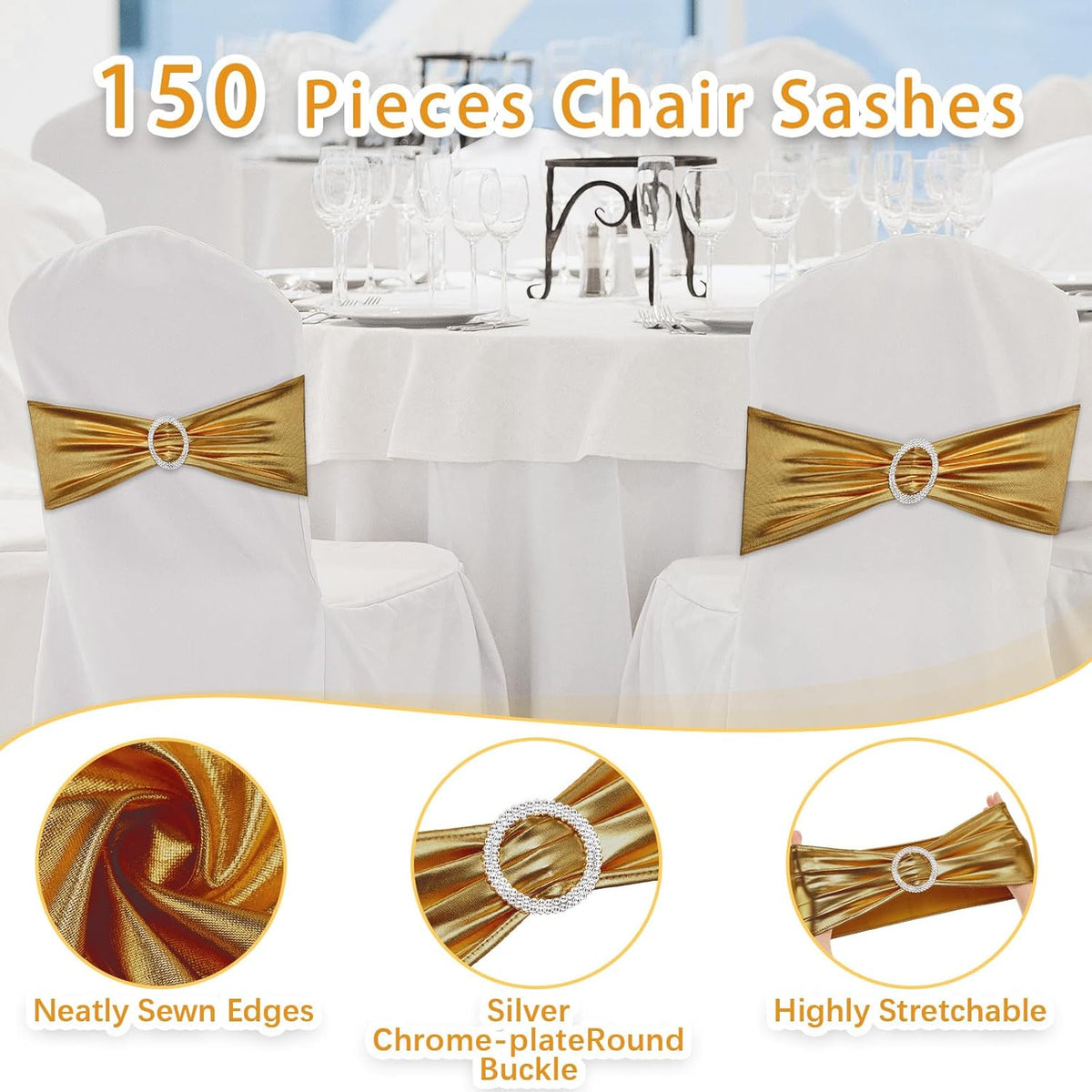 CHENGU 150 Pieces Spandex Stretch Chair Sashes Bows Elastic Chair Cover Bands Ties with Buckle