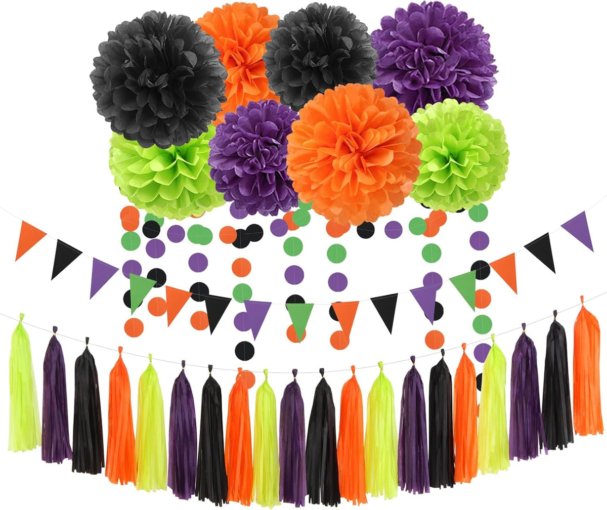 Black-Purple Orange Green Halloween Party-Decorations - 30pcs Tissue Pom Poms Streamers,Tassel