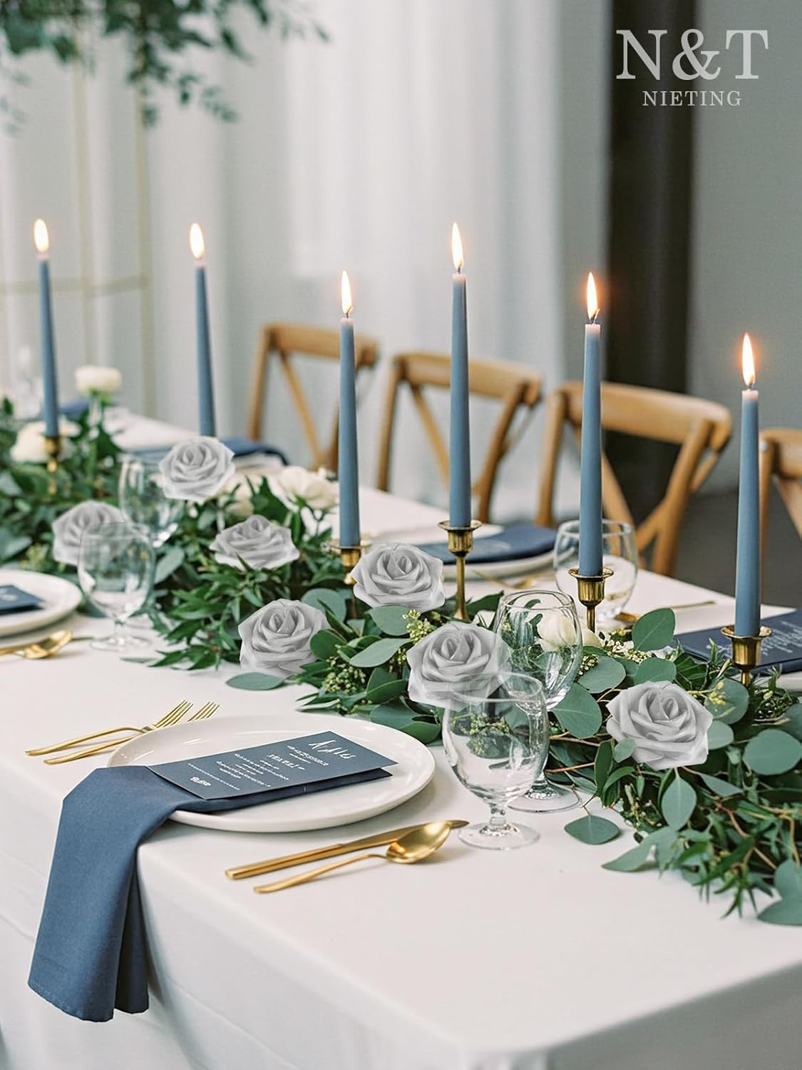 N&T NIETING Artificial Flowers, 25pcs Fake Flowers Roses with Stem for DIY Wedding Bouquets