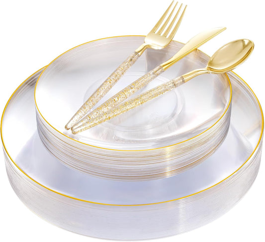 Liacere 150PCS Clear Gold Plastic Plates - Gold Plastic Silverware with Glitter Handle - Clear