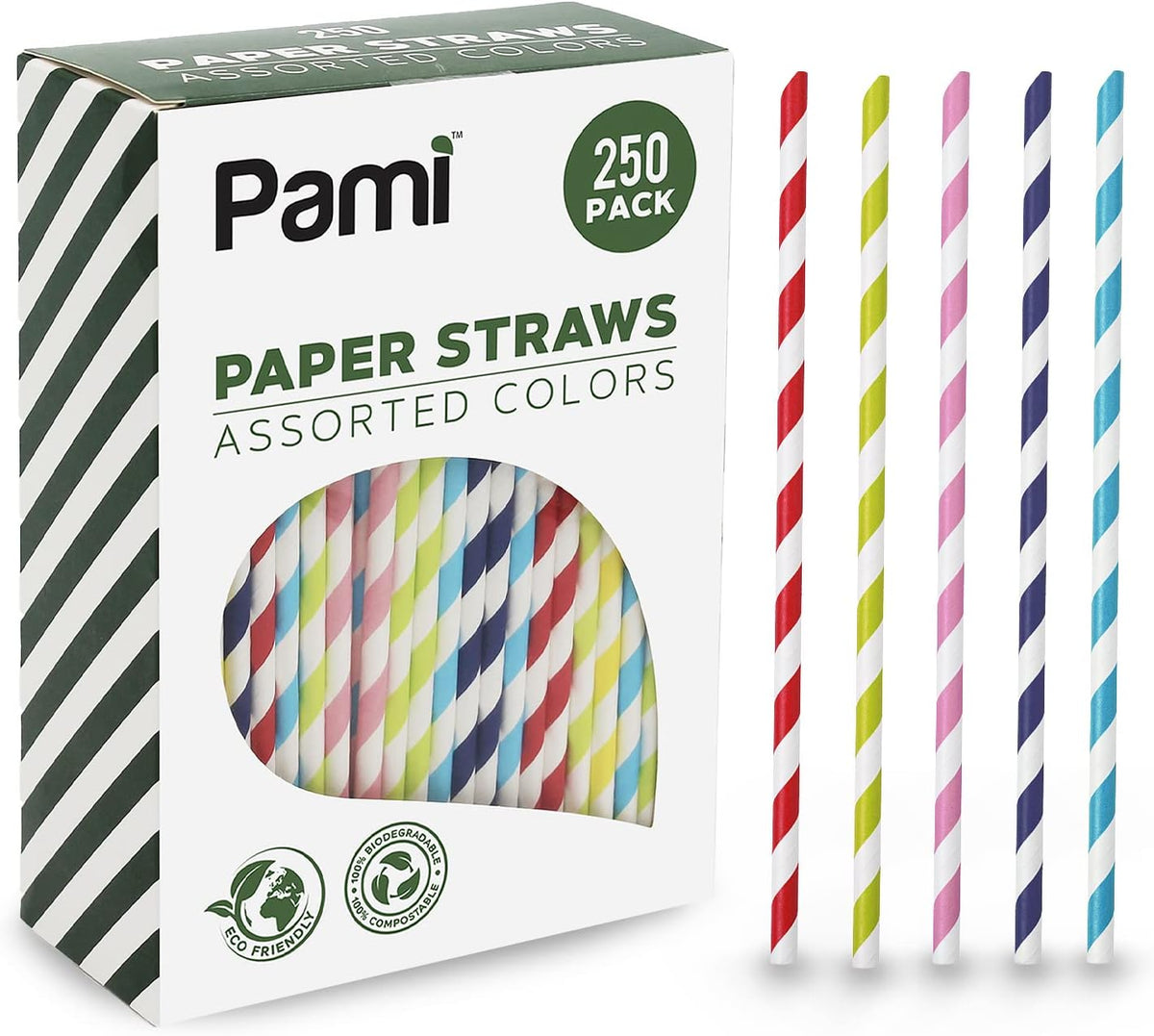 PAMI 250-Pack Compostable Paper Straws for Drinking, Assorted Colors Including Pink, Pfas