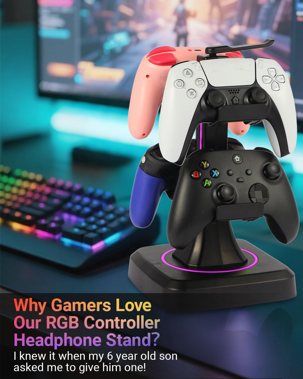 Controller Stand with RGB Multi-Color Light Modes - Headset Holder for PS5, Xbox, Switch - Gaming