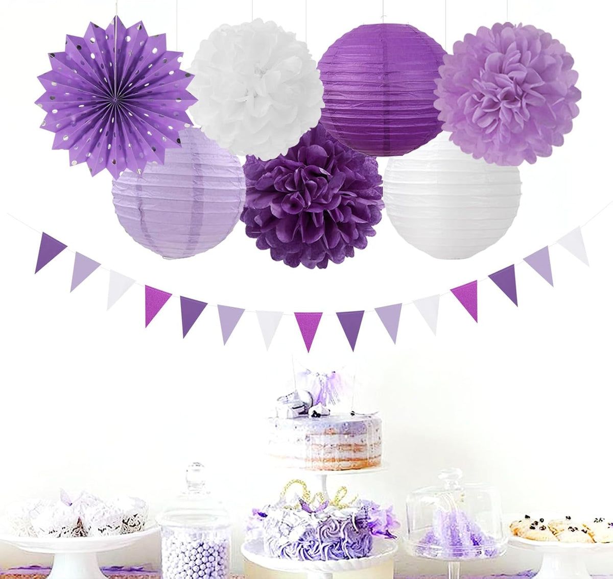 Lavender-Purple White Graduation Party Decorations - 20pcs Paper Lanterns Fans,Tissue Pom